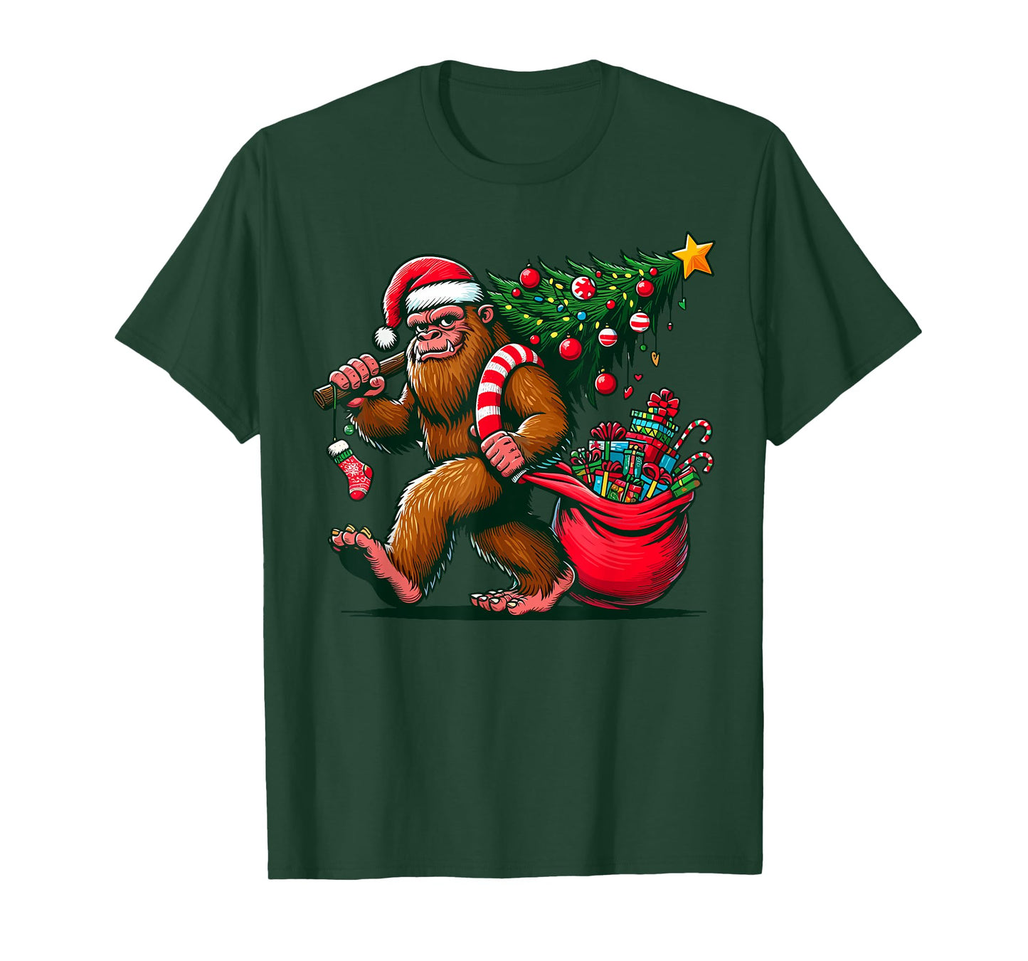 Bigfoot Christmas Tree Lights Xmas Sasquatch T-Shirt - Unisex-Adults, Kids - Blue - Small - Short Sleeve - T-Shirt - Cartoon Pattern - Winter