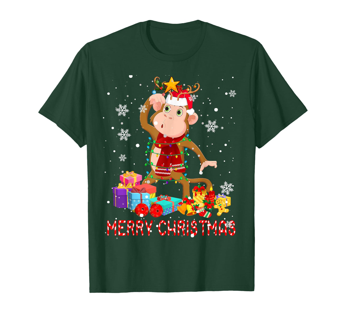 Merry Christmas Cute Christmas Lights Santa Reindeer Monkey T-Shirt