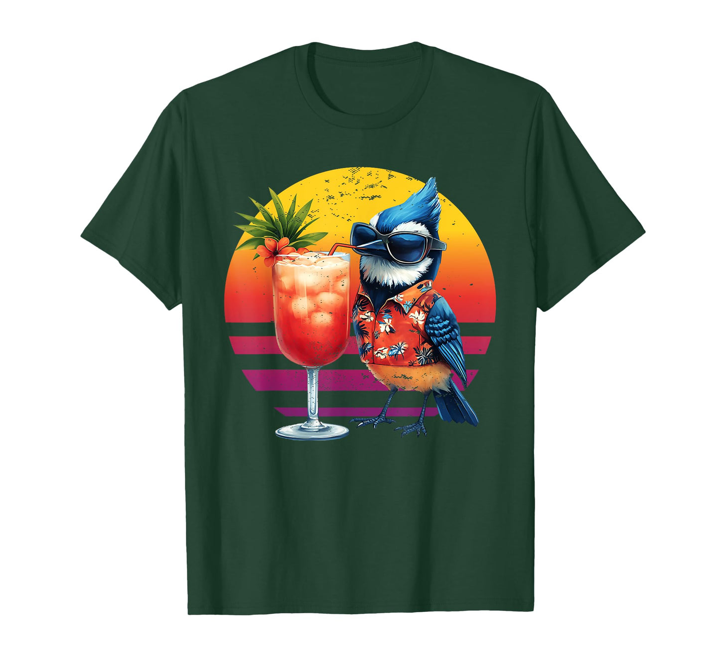 Blue Jay Drinking Hawaiian Birding Retro Summer Bird Lovers T-Shirt
