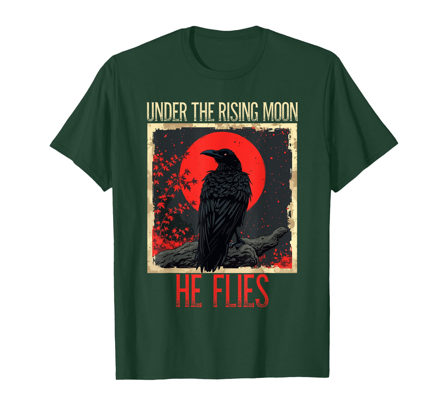 Under The Rising Moon Japanese Bird Black Raven Vintage T-Shirt