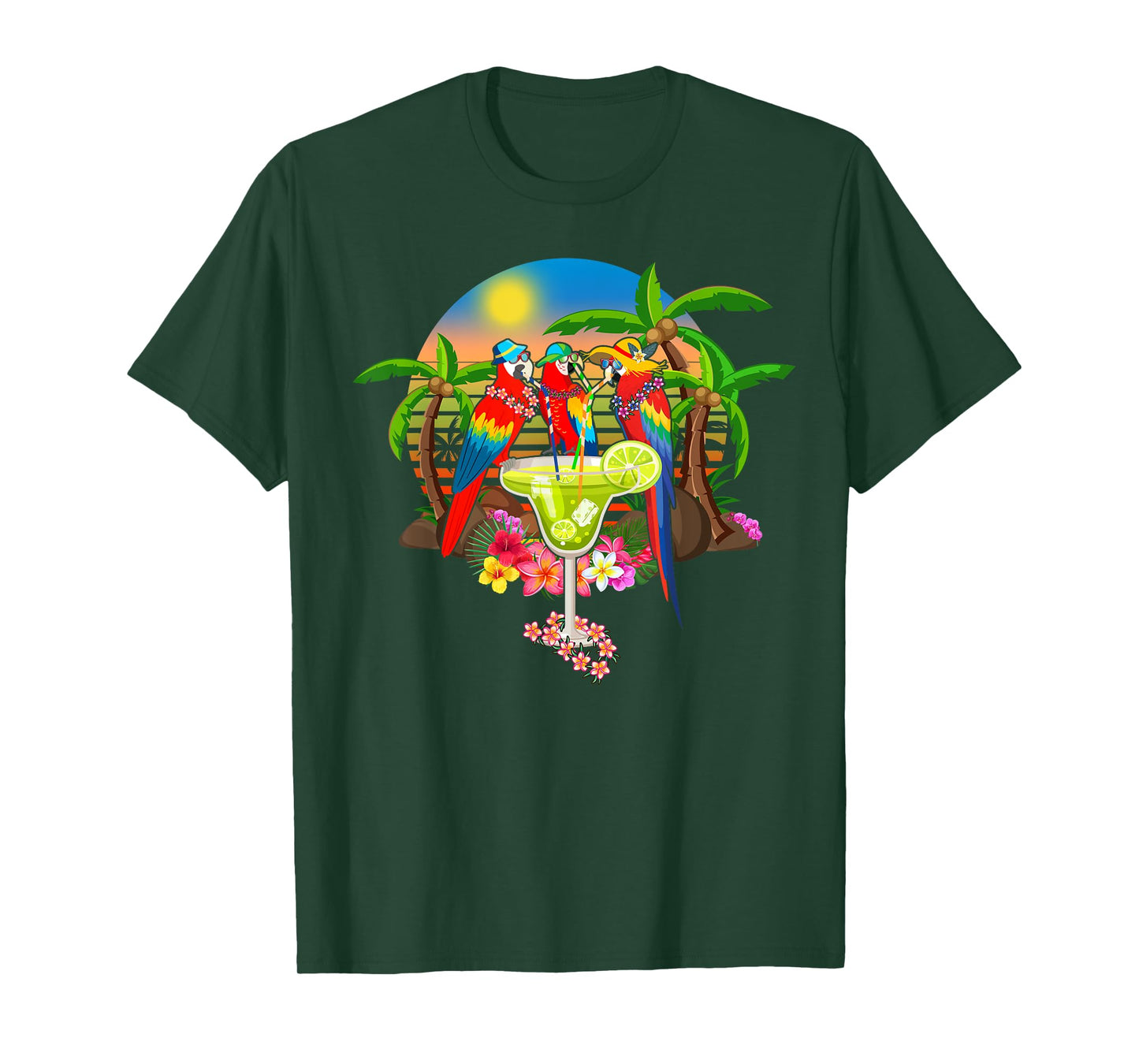 Parrots Drinking Margarita On Summer Vacation Birds Fun Men Women T-Shirt