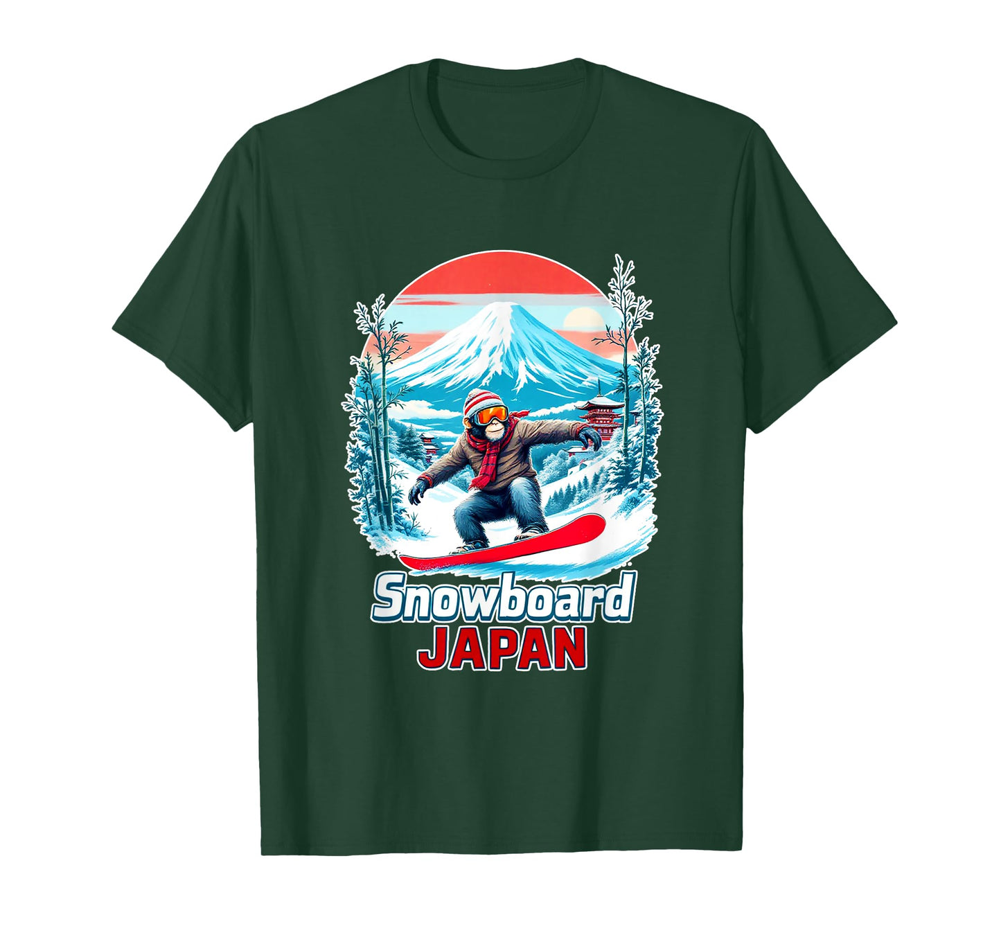 Snowboarding Monkey in Japan Scenic Landscape T-Shirt