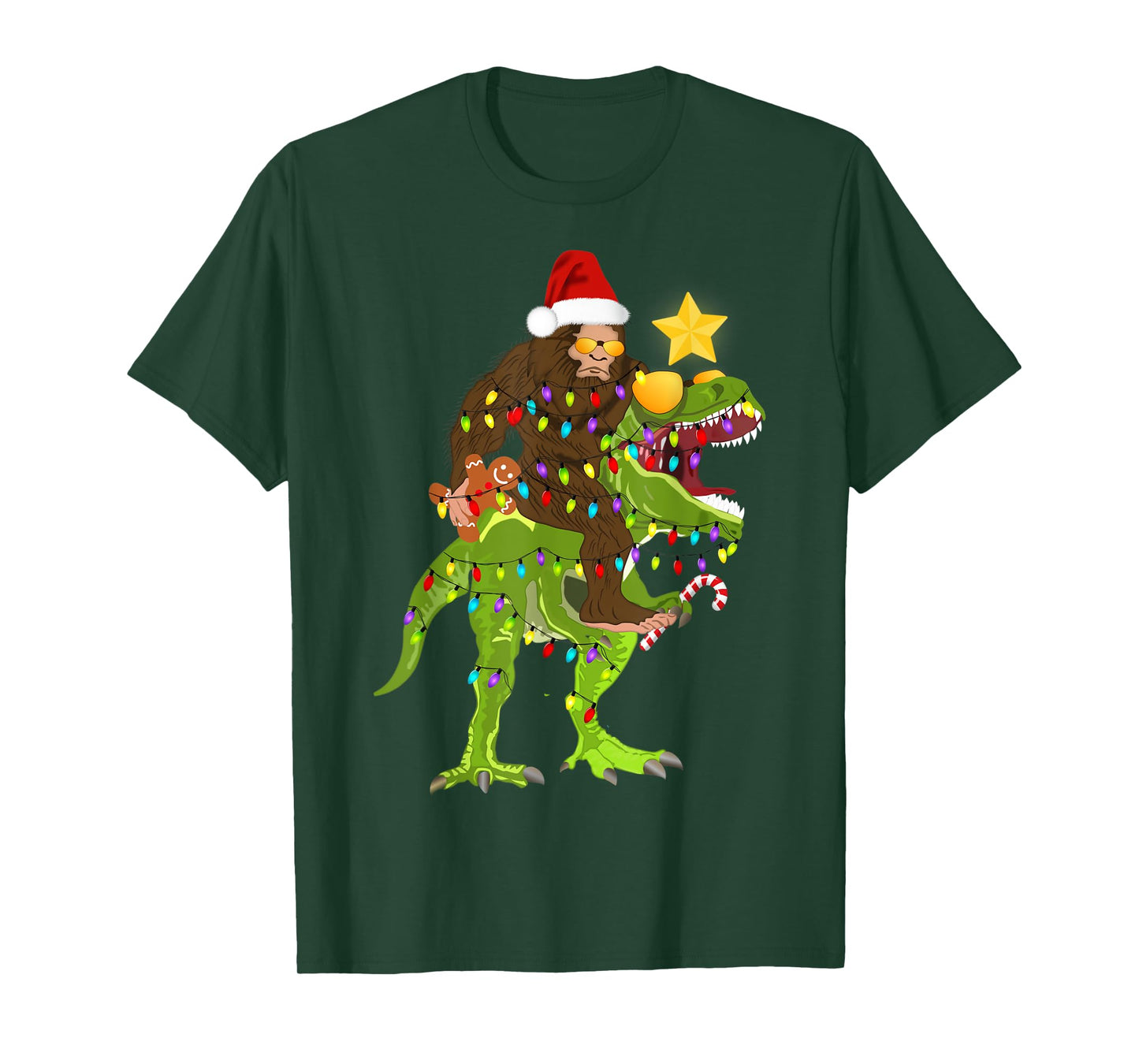 Xmas Tree Rex Yeti Bigfoot Sasquatch Riding Dinosaur T Rex T-Shirt