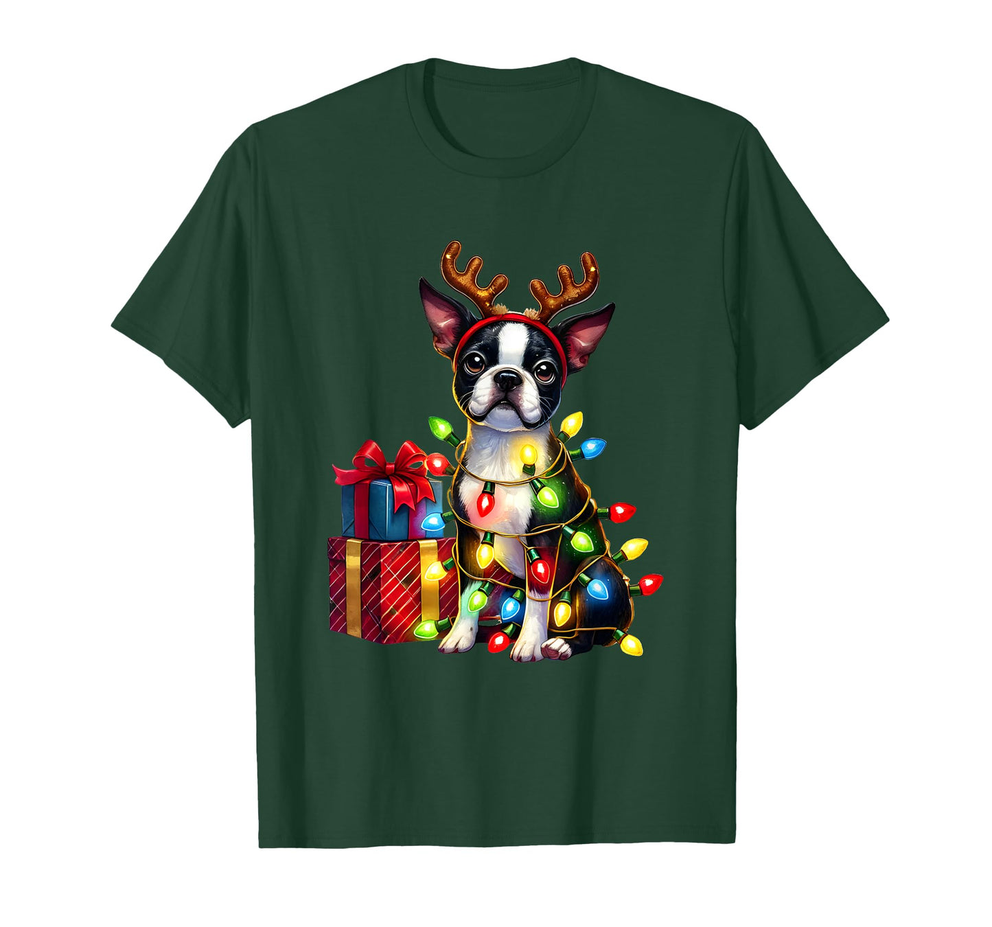 Pet Animal Boston Terrier Dog Reindeer Antlers Christmas T-Shirt for Men Women Kids