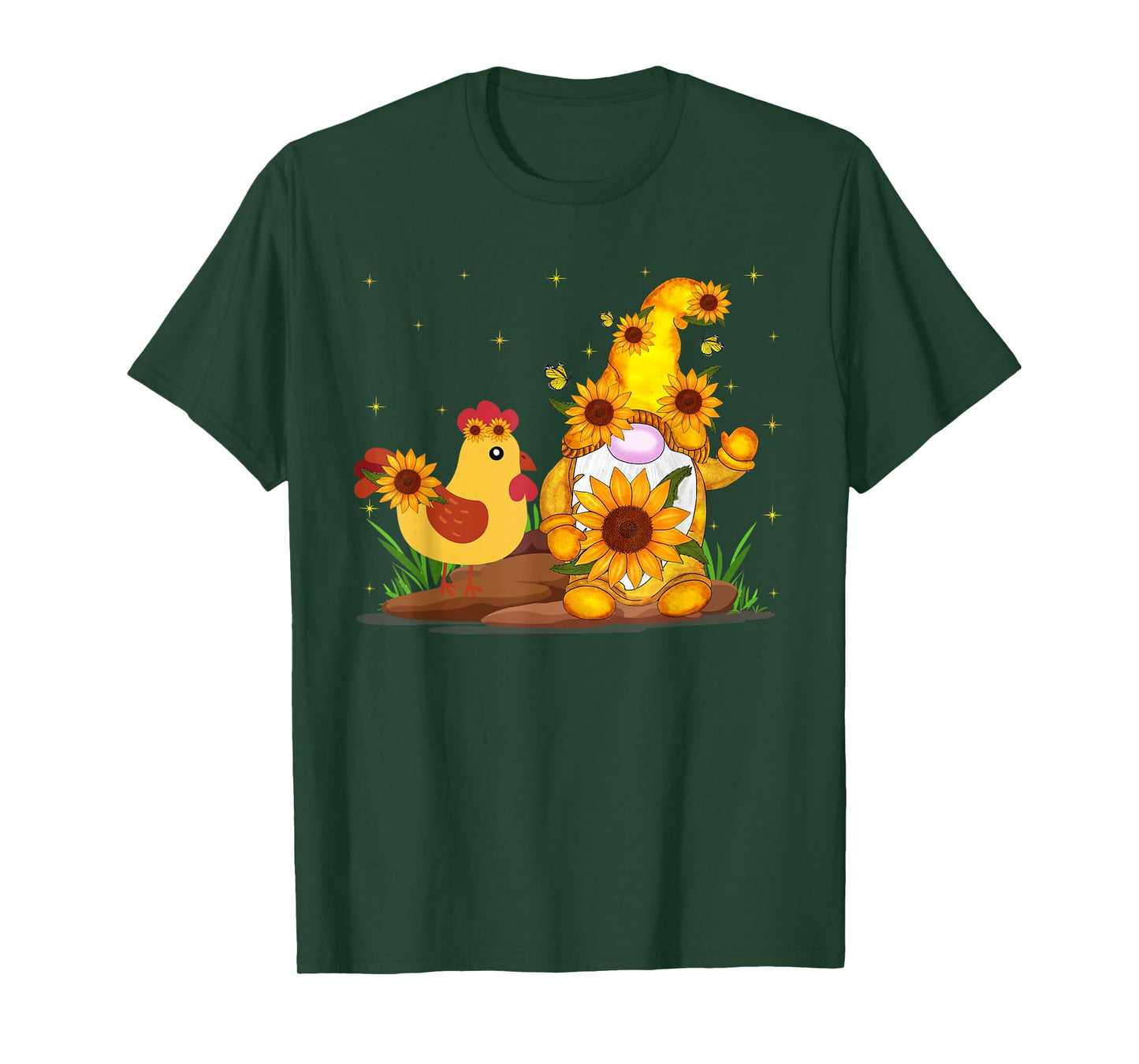 Cute Gnome And Chicken Sunflower Funny Gnome Chicken Farmer T-Shirt