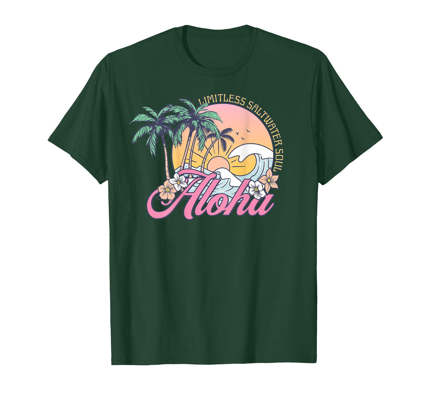 Retro Aloha Sunset Palm Trees Tropical Flowers Surfing Waves T-Shirt