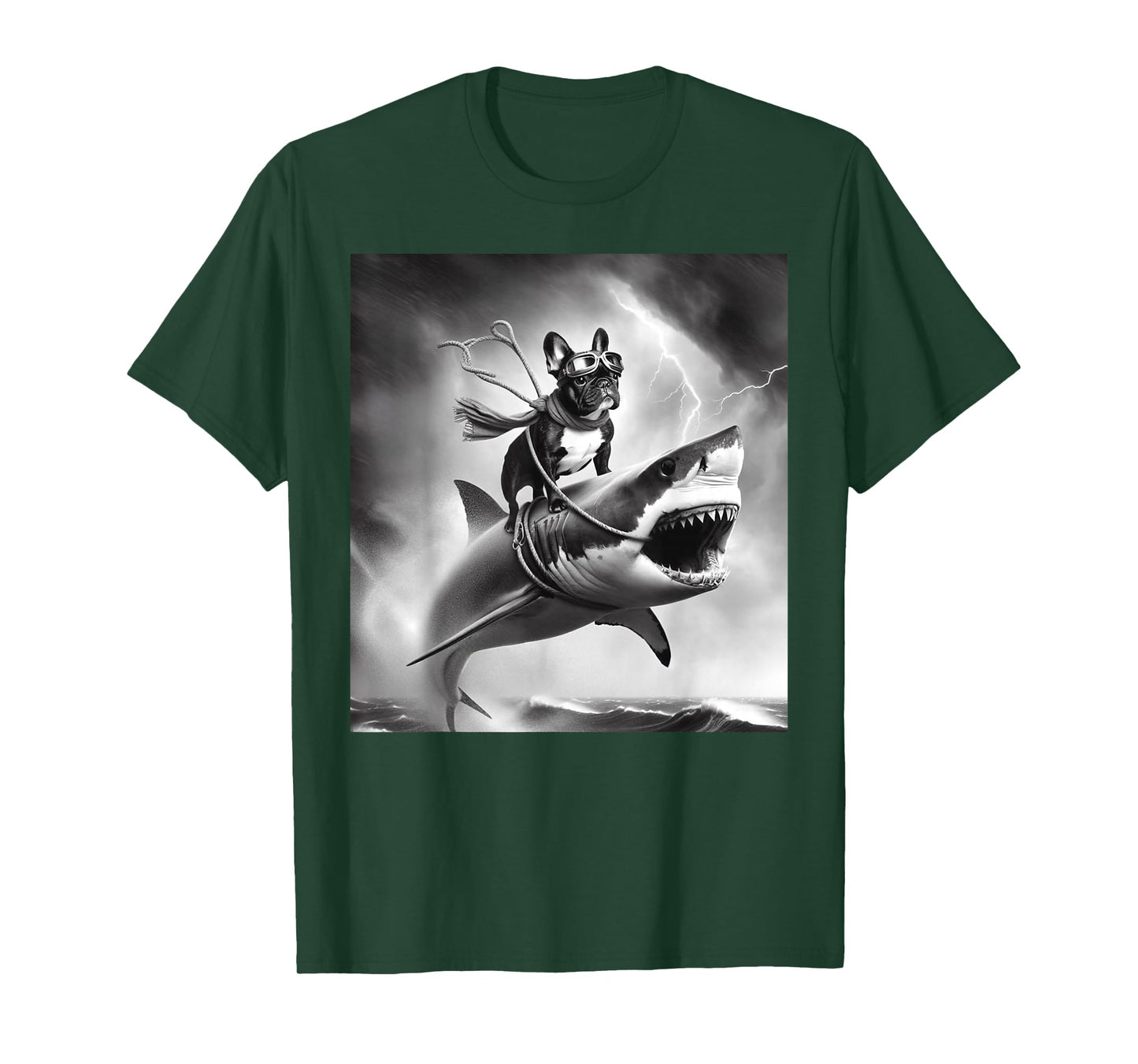 Funny Dog French Bulldog Riding a Shark in Tornado Meme T-Shirt
