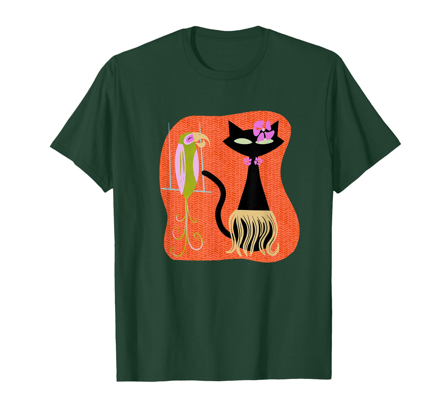Hawaiian Hula Cat with Tropical Tiki Bird and Hibiscus Flowe T-Shirt