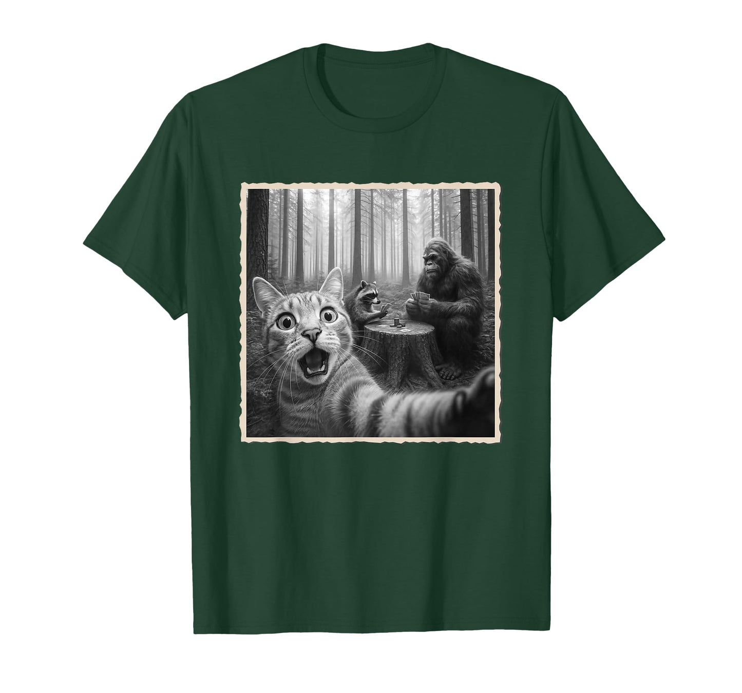 Cat Selfie With Bigfoot & Raccoon | Funny Scared Cat T-Shirt