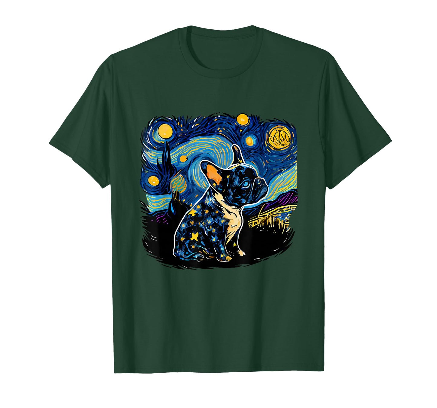 Black Frenchie French Bulldog Starry Night Van Gogh Colorful T-Shirt
