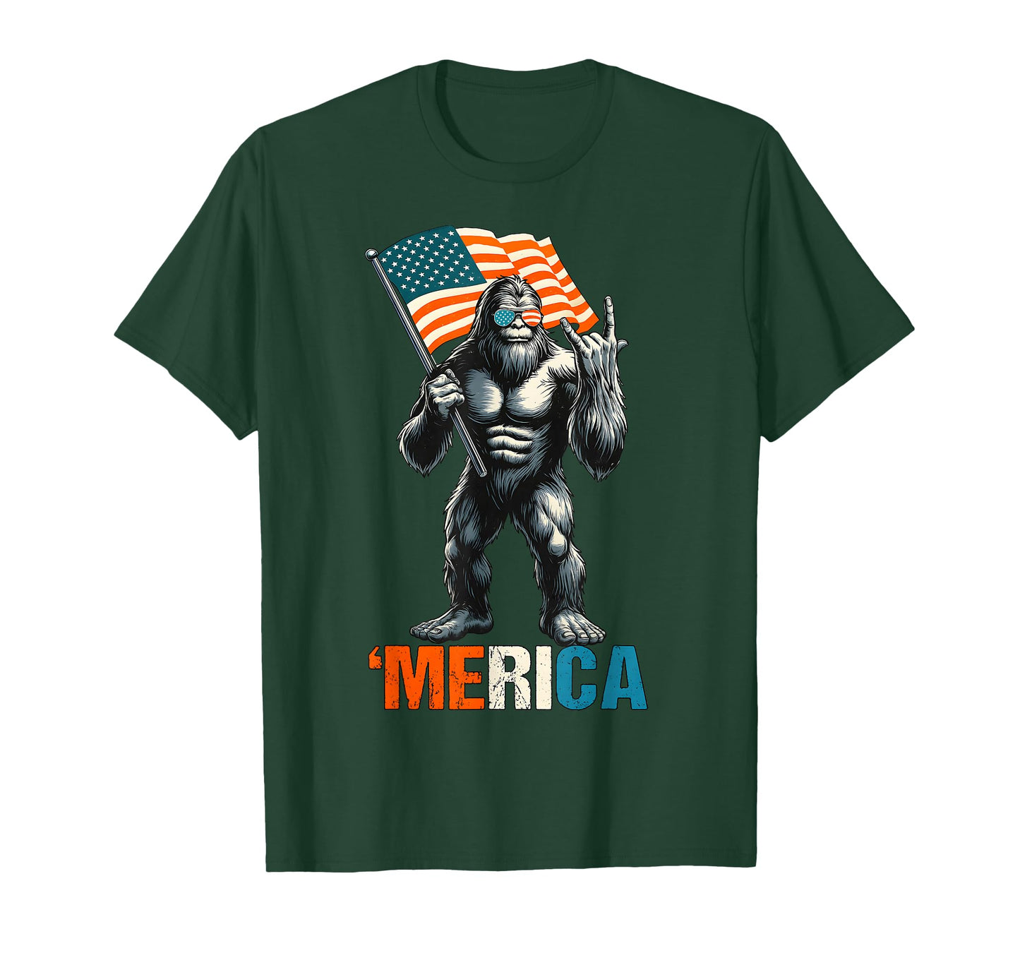 Bigfoot Merica Rock American Flag Patriotic USA 4th Of July T-Shirt