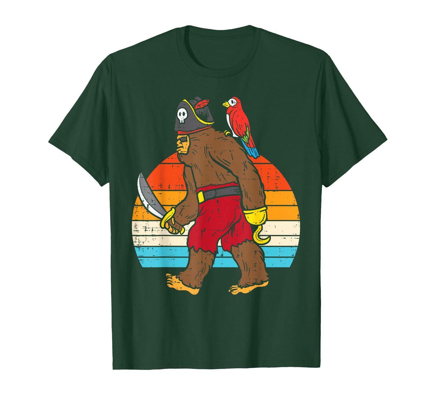 Bigfoot Sasquatch Pirate Parrot Retro Halloween Men Boys T-Shirt