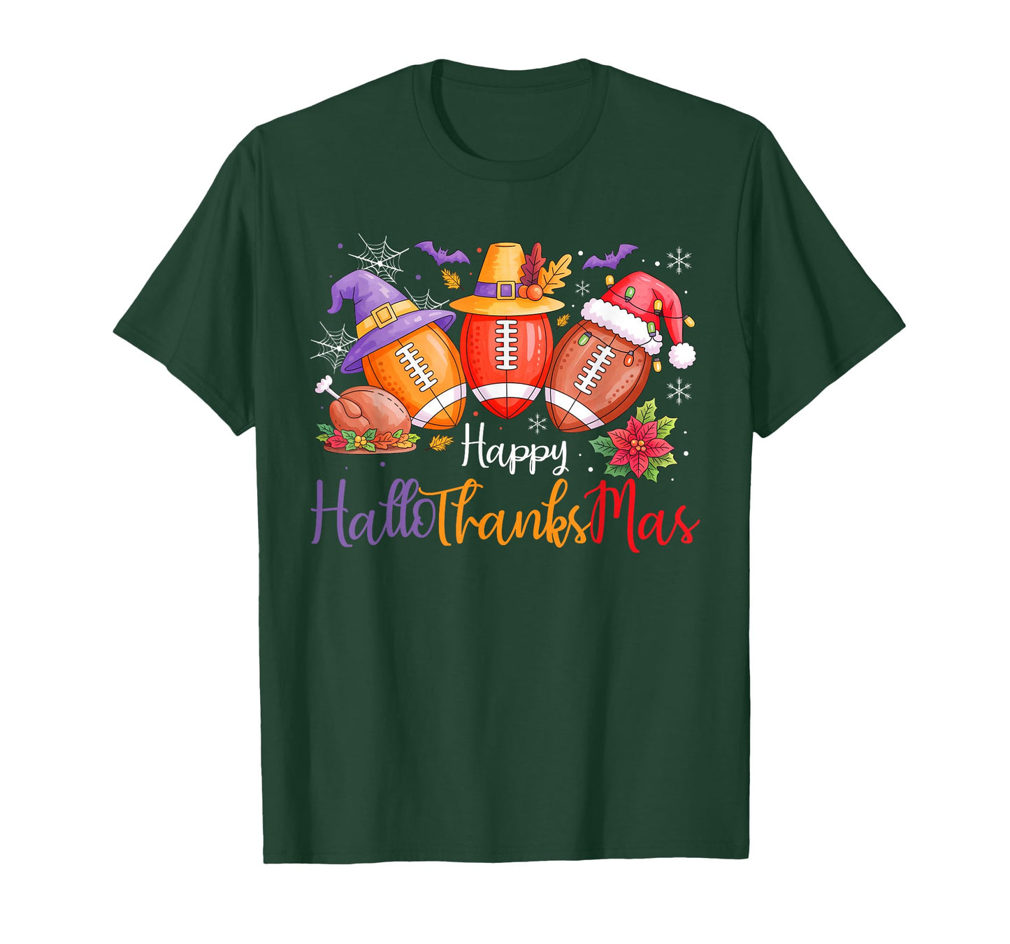 Happy Hallothanksmas Football Halloween Thanksgiving Xmas T-Shirt