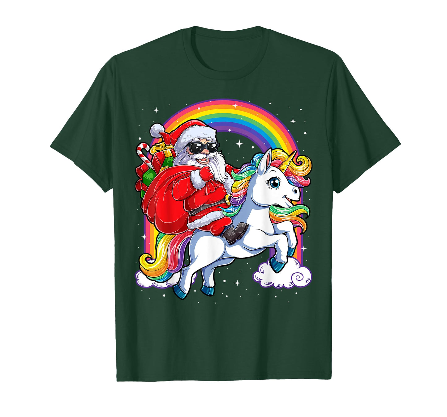 Christmas Santa Riding Unicorn Xmas Girls Women Rainbow Short Sleeve T-Shirt