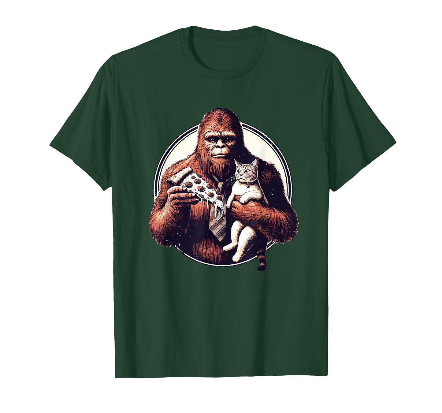 Funny Bigfoot Sasquatch Pet Cat Eating Pizza Adventures T-Shirt for Men Women Kids