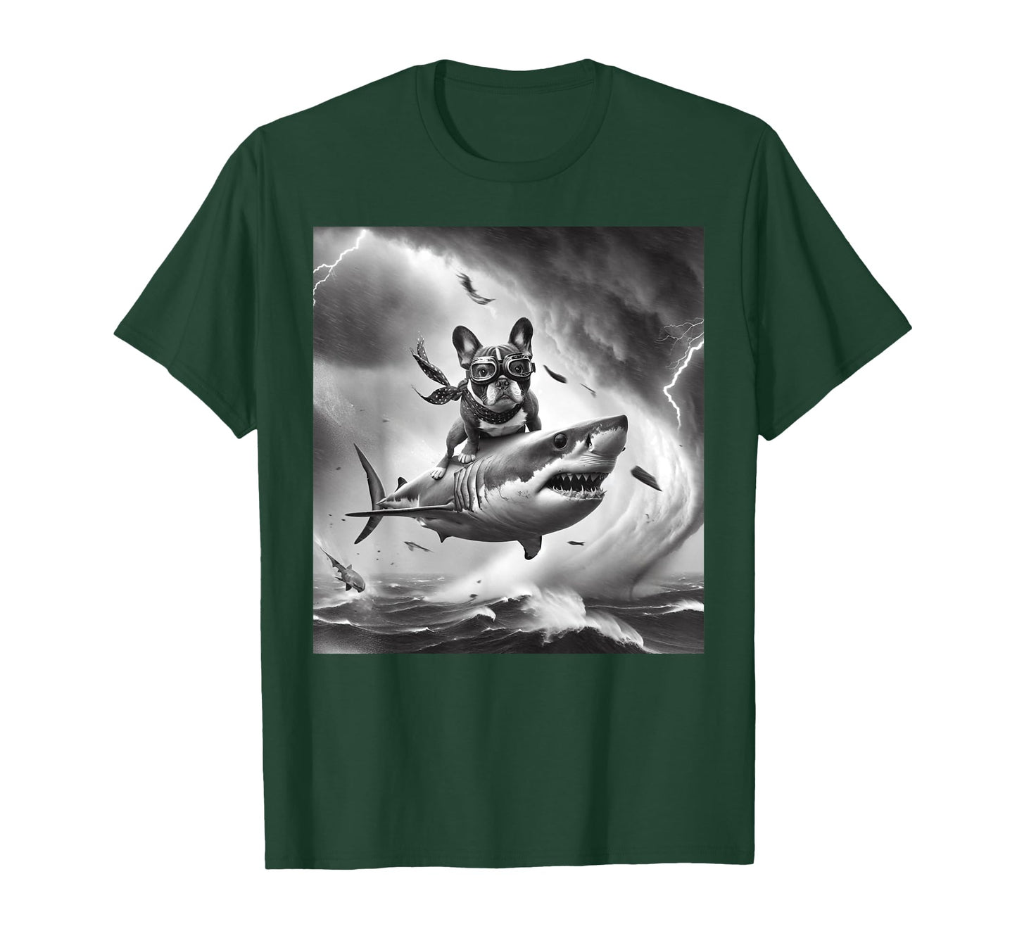 Funny Dog French Bulldog Riding a Shark in Tornado Meme T-Shirt