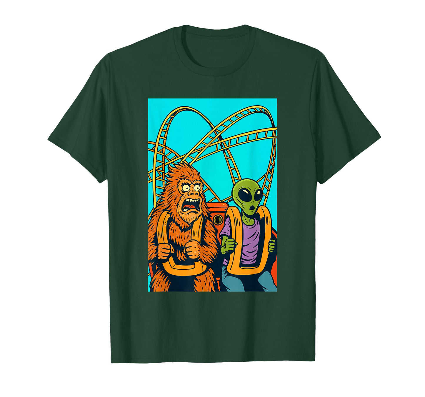Bigfoot and Alien Riding Roller Coaster Amusement Theme Park T-Shirt
