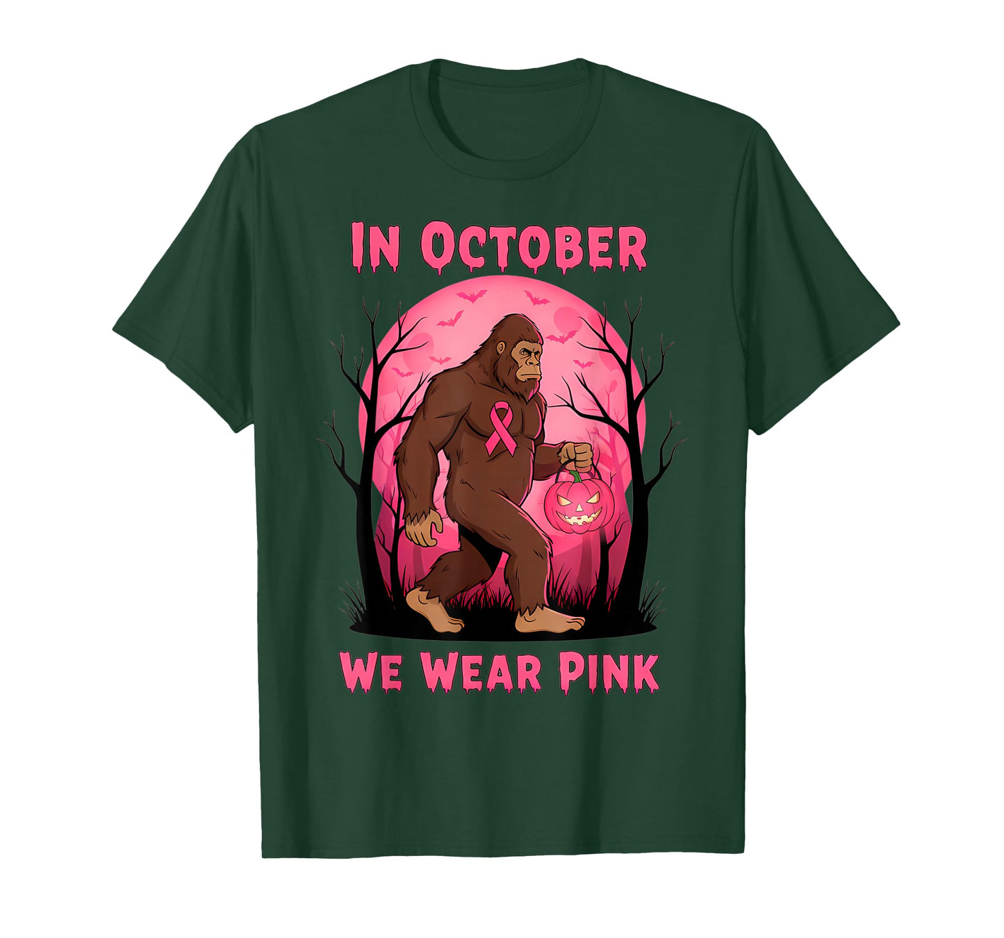 in October We Wear Pink Bigfoot Halloween Breast Cancer T-Shirt