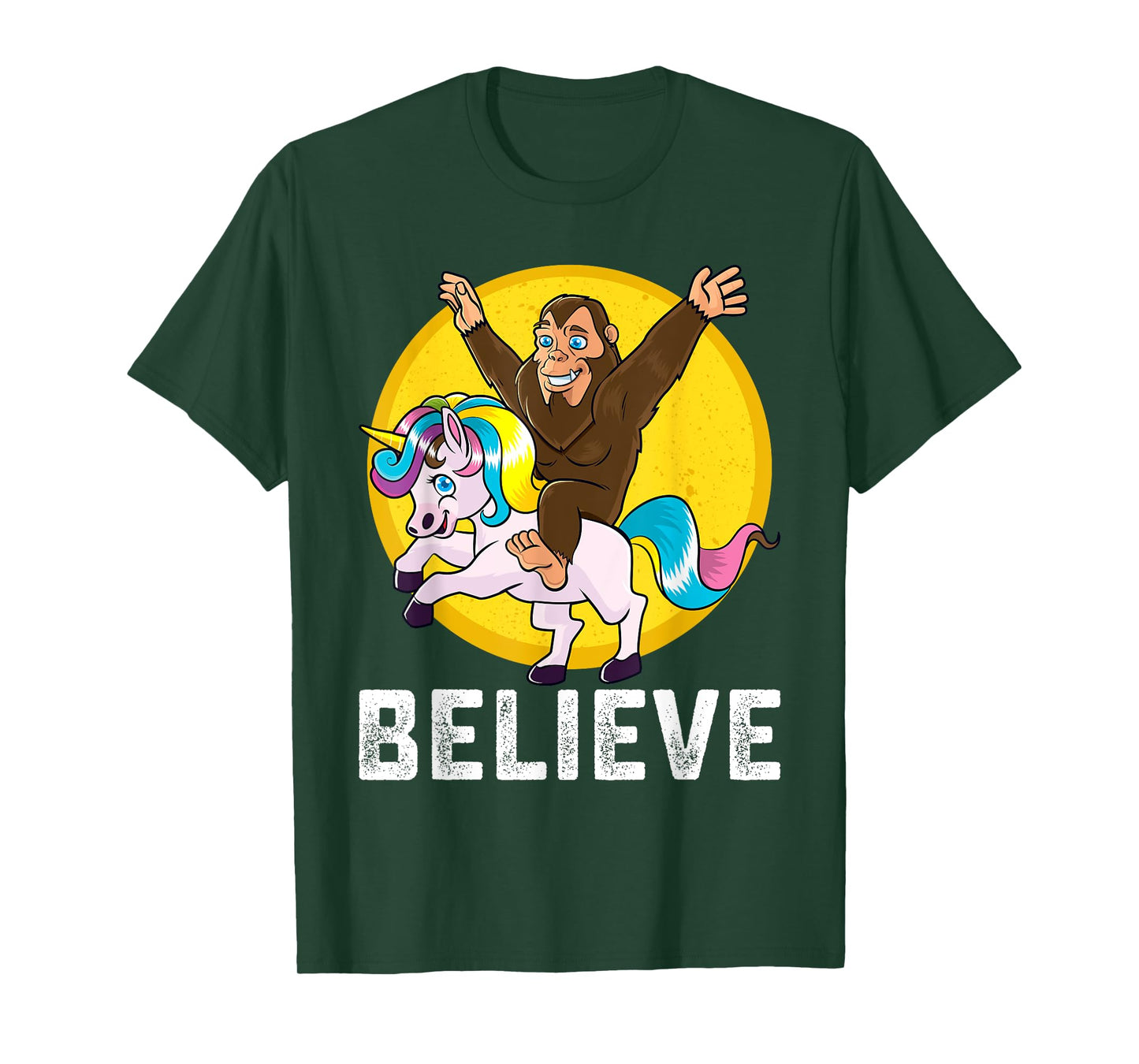BigFoot Riding Unicorn Believe Sasquatch Men Women Kids T-Shirt