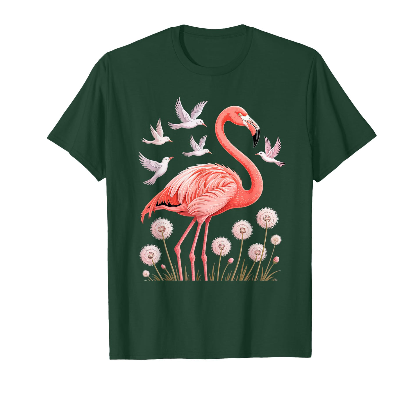 Flamingo with Sunset Colors and Flowers in Nature Scene T-Shirt