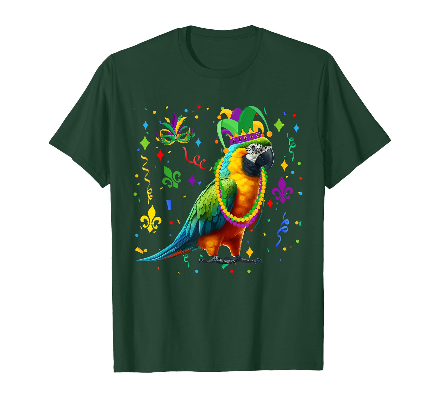Parrot Wearing Mardi Gras Beads Jester Hat Masked Parades T-Shirt