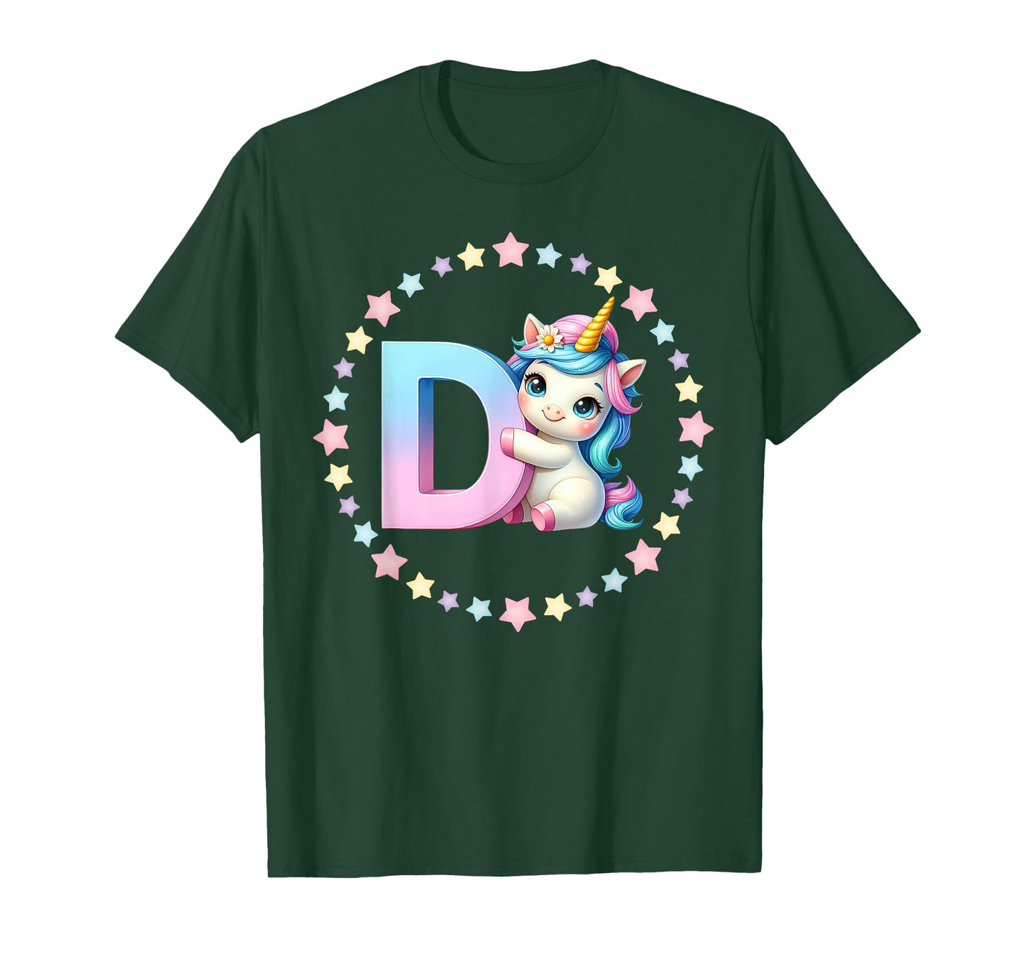 Unicorn Letter D Initial Rainbow Monogram for Girls and Kids T-Shirt