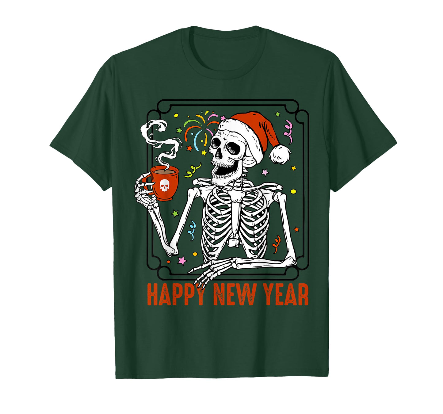 Happy New Year Christmas Funny Skeleton Drinking Coffee Xmas T-Shirt