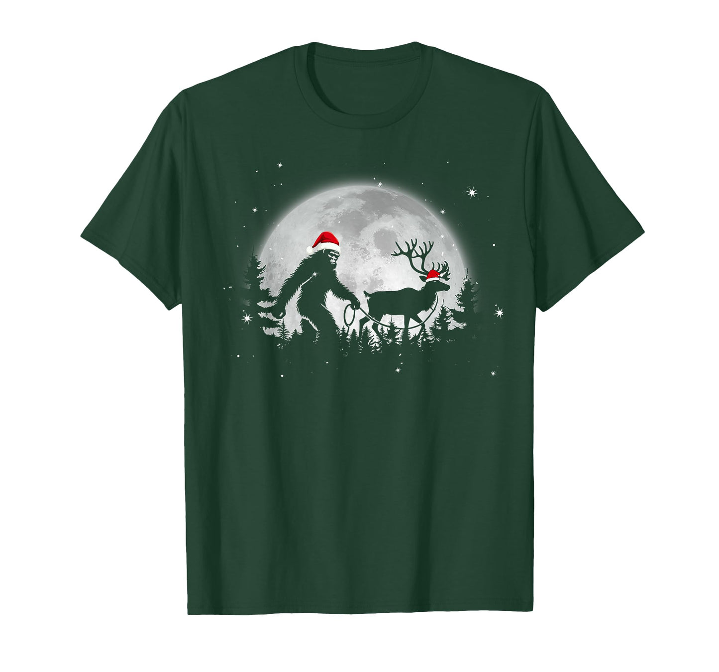 Funny Bigfoot Walking Reindeer Full Moon Christmas Sasquatch T-Shirt