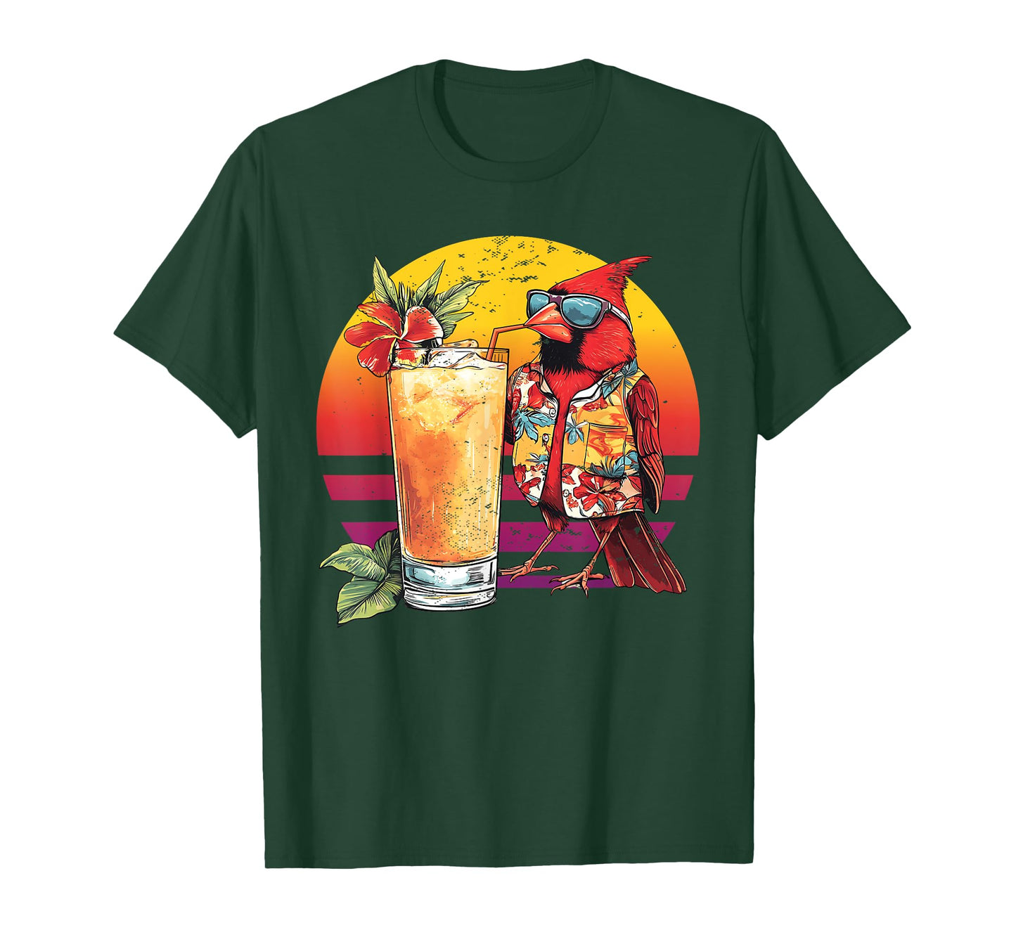 Red Cardinal Bird Drinking Cocktail Hawaiian Retro Summer T-Shirt