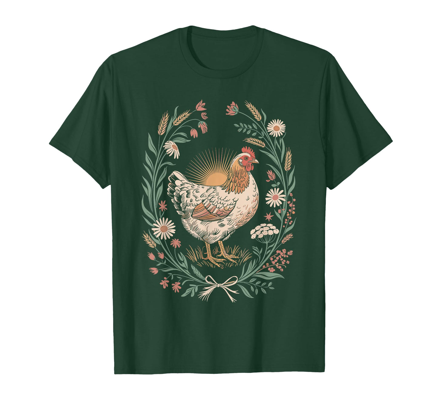 Retro Hen in Floral Frame Country Chicken Lover Artwork T-Shirt
