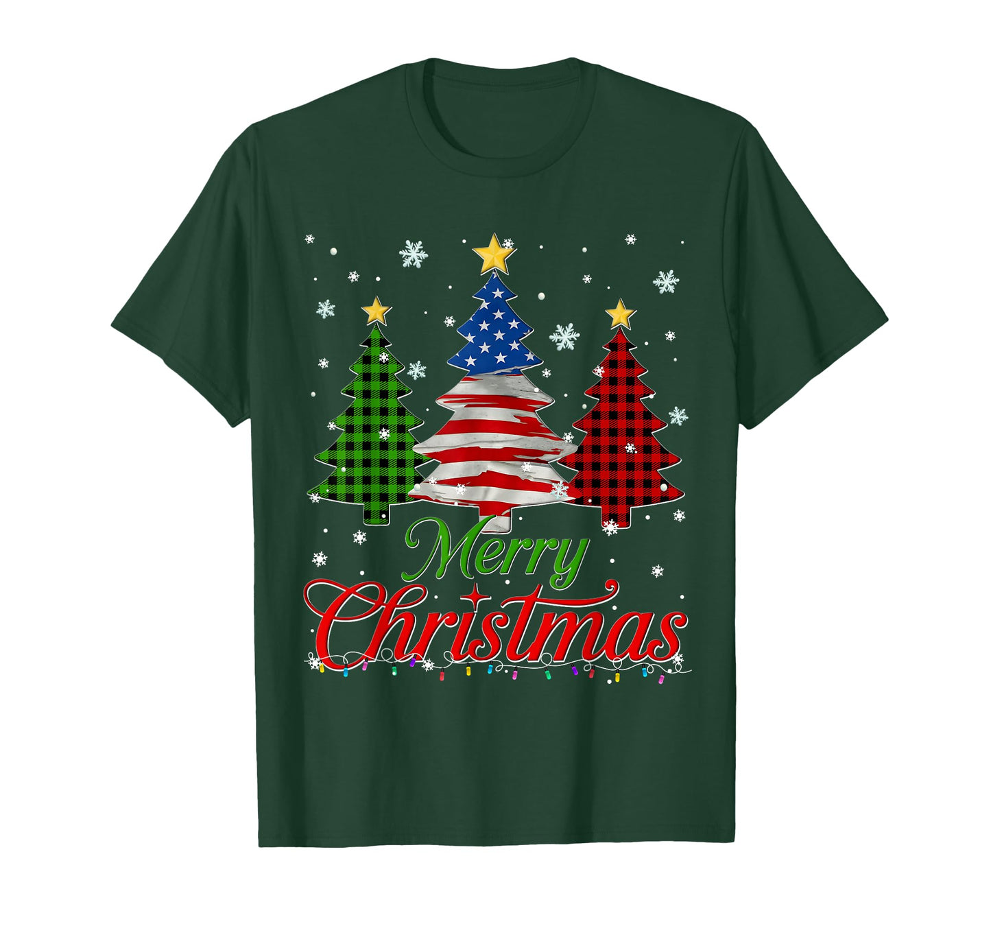 Merry Christmas Tree Plaid US Flag Snowflake Xmas Men T-Shirt