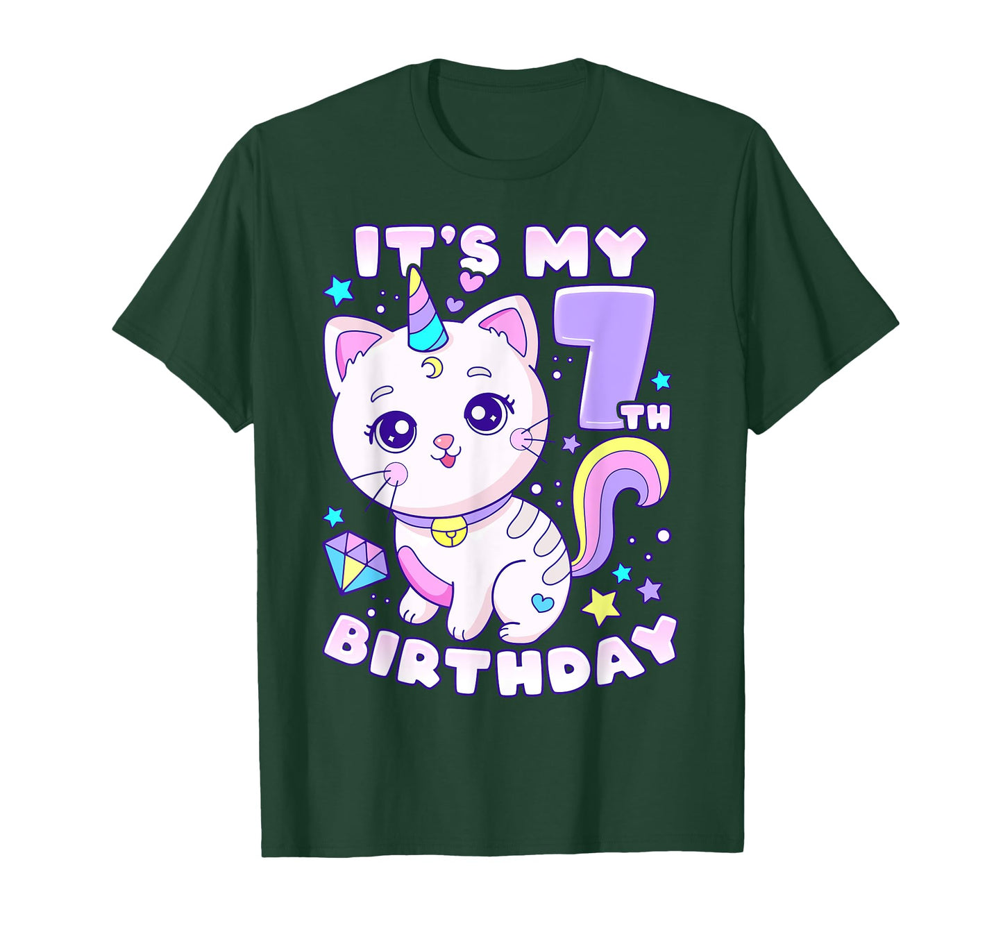 Birthday girl 7 years old, cat, unicorn, 7th birthday T-Shirt