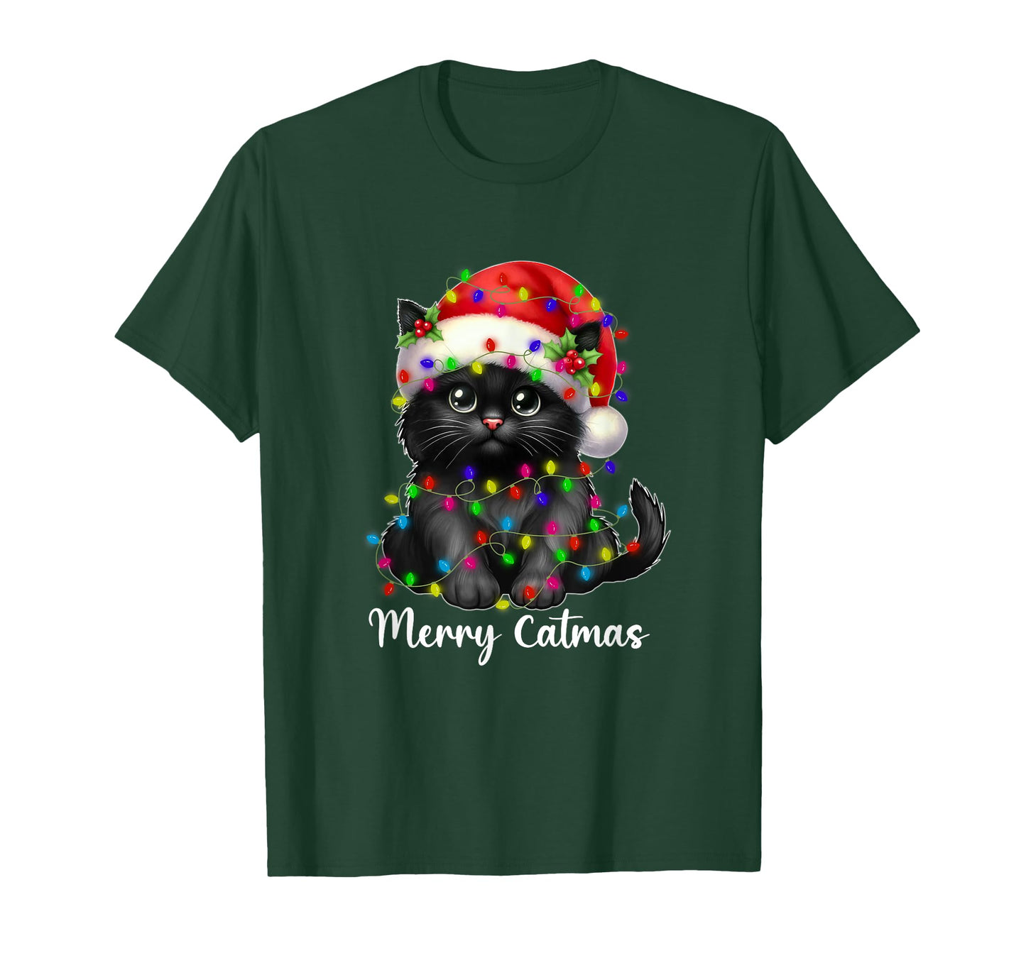 Merry Catmas Black Cat Christmas Light Xmas Family Men Women T-Shirt