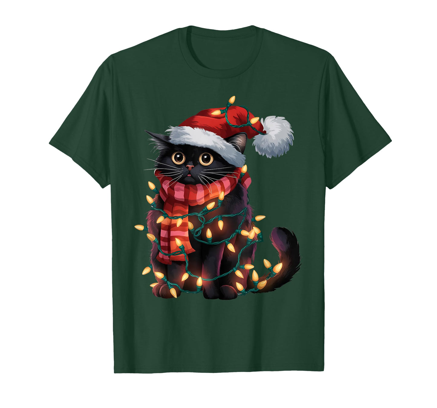 Black Cat Christmas Shirt For Women Santa Hat Xmas Lights T-Shirt