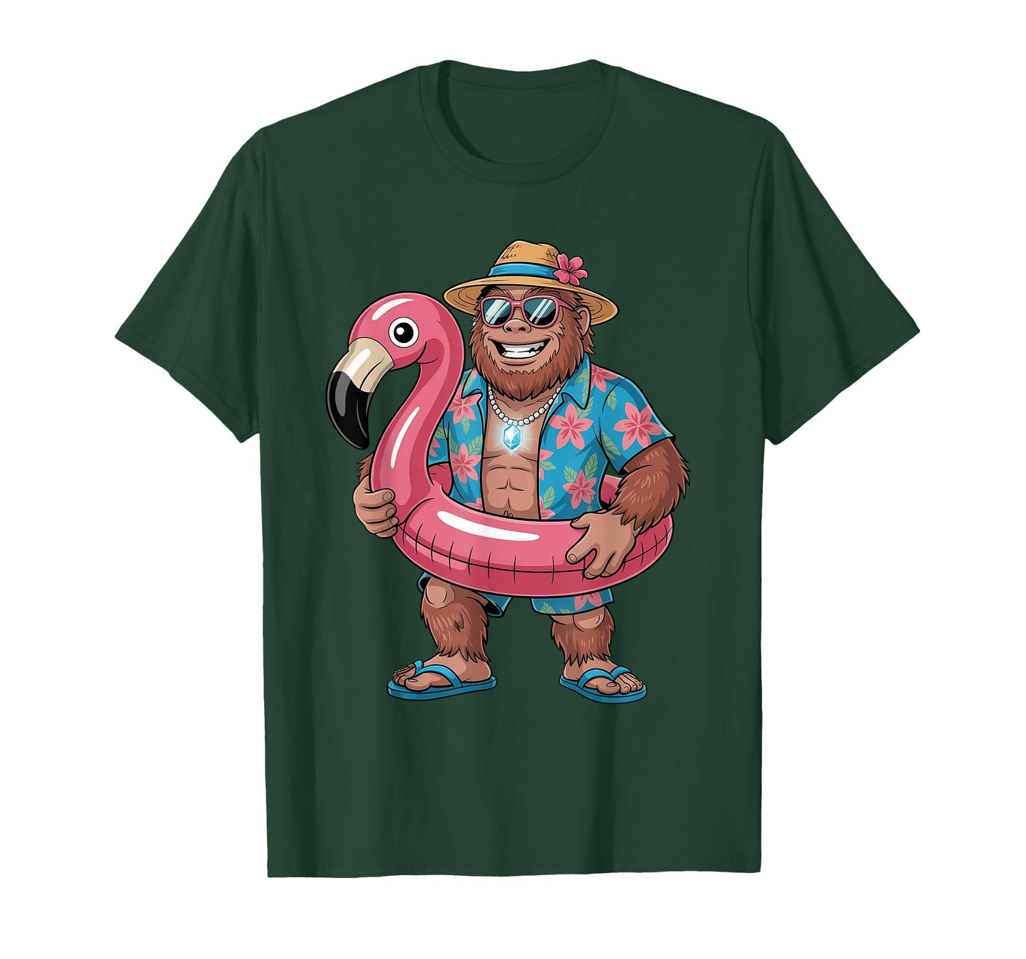 Pink Flamingo Bigfoot Hawaiian Costume Tropical Summer Beach T-Shirt