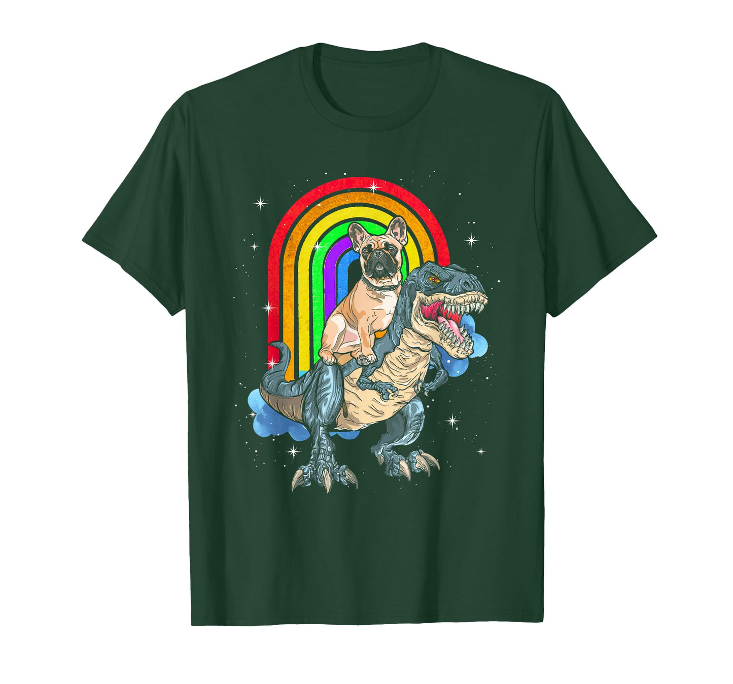 French Bulldog Riding Dinosaur T rex Rainbow T-Shirt for Men Women Kids
