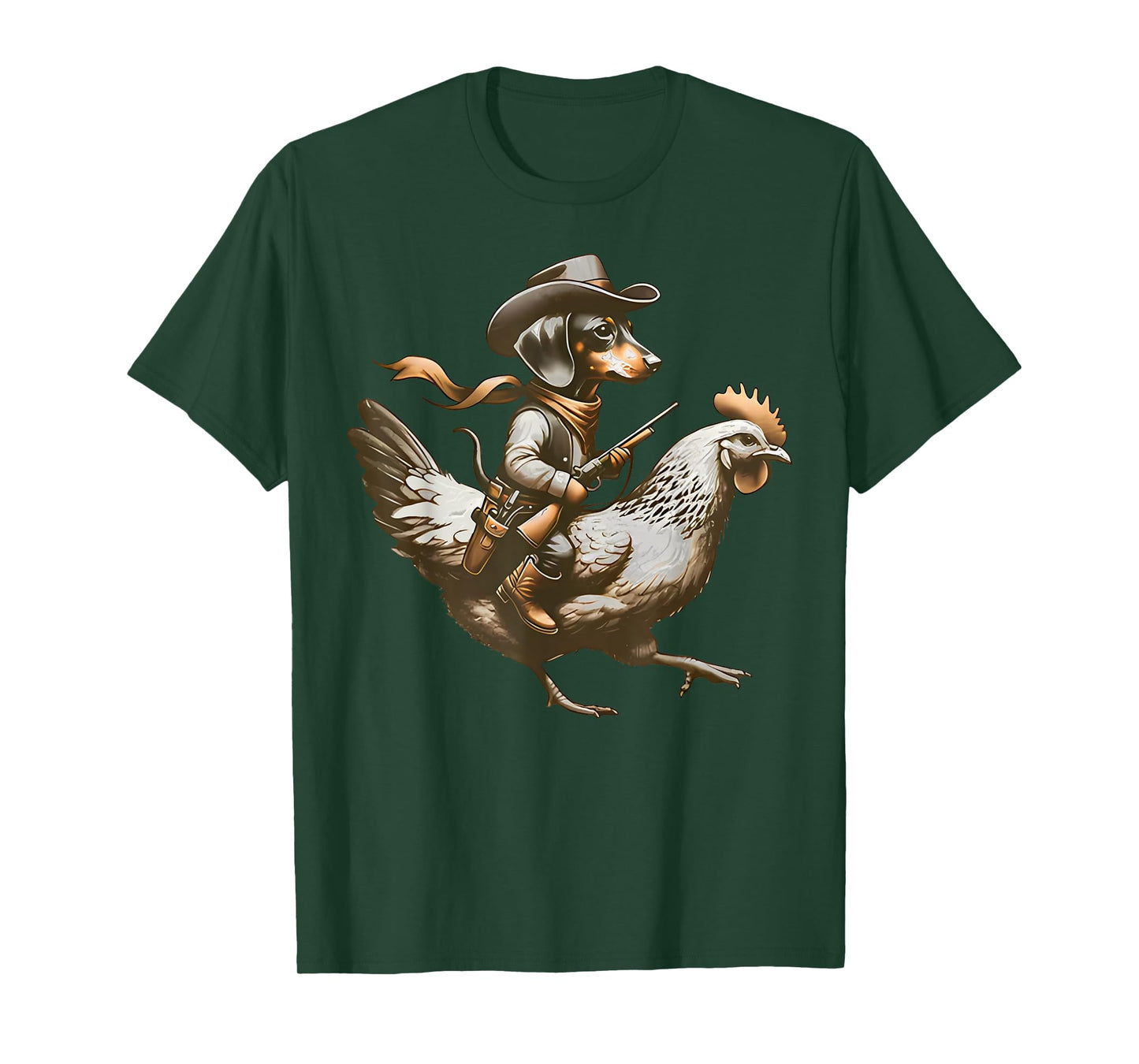 Western Cowboy Dachshund Wiener riding a Chicken Farm Animal T-Shirt