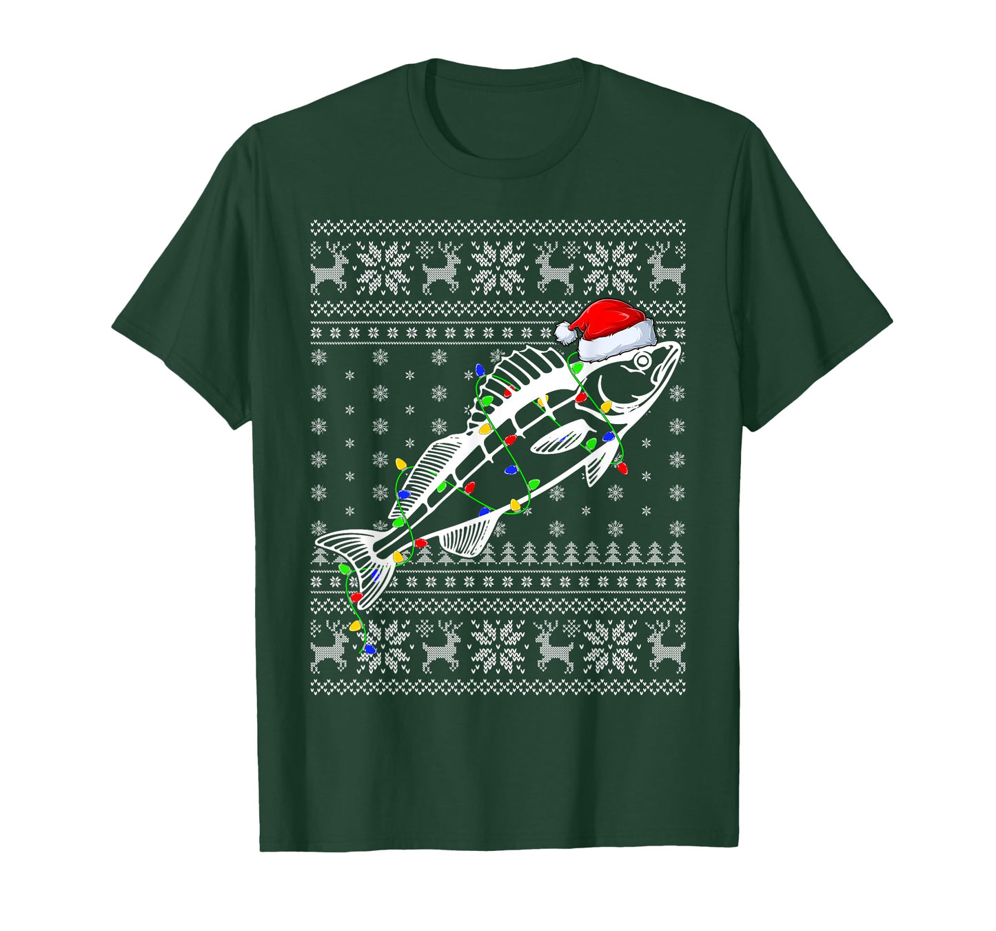 Ugly Sweater Xmas Lights Santa Hat Walleye Fish Christmas T-Shirt