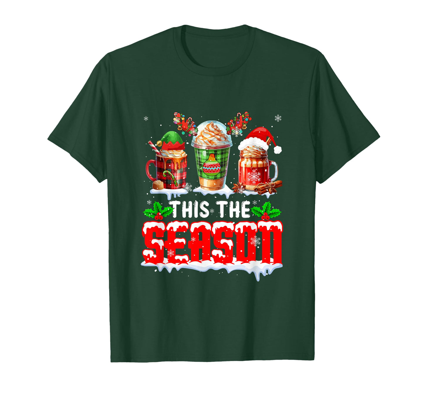The Season Christmas Three Santa Reindeer Elf Coffee Cups T-Shirt