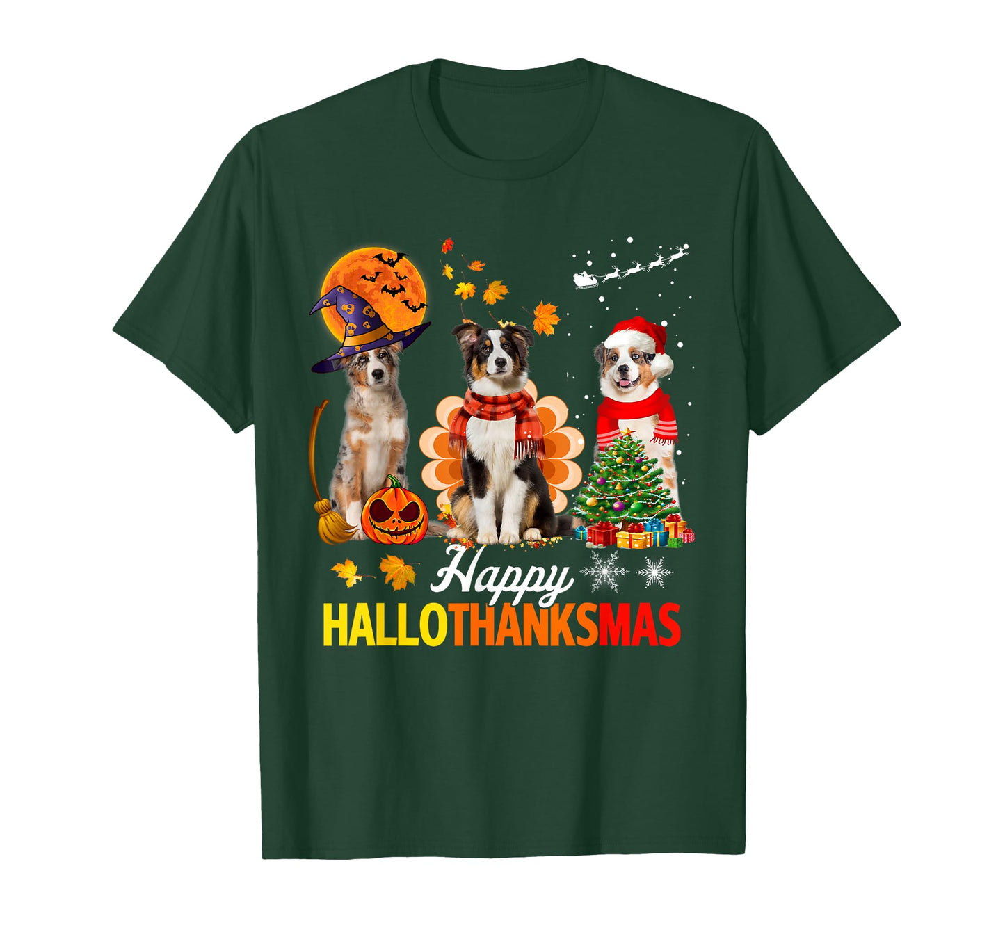 Cute Australian Shepherd Happy Hallothanksmas Xmas T-Shirt