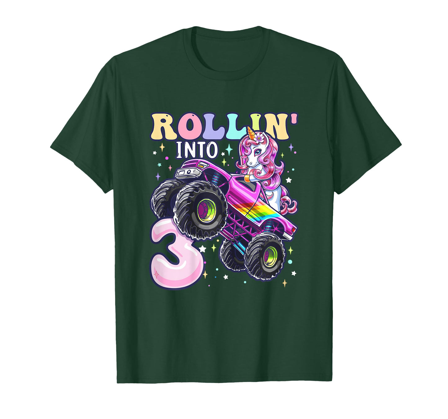 Unicorn Monster Truck 3rd Birthday 3 Year Old Girls Party T-Shirt