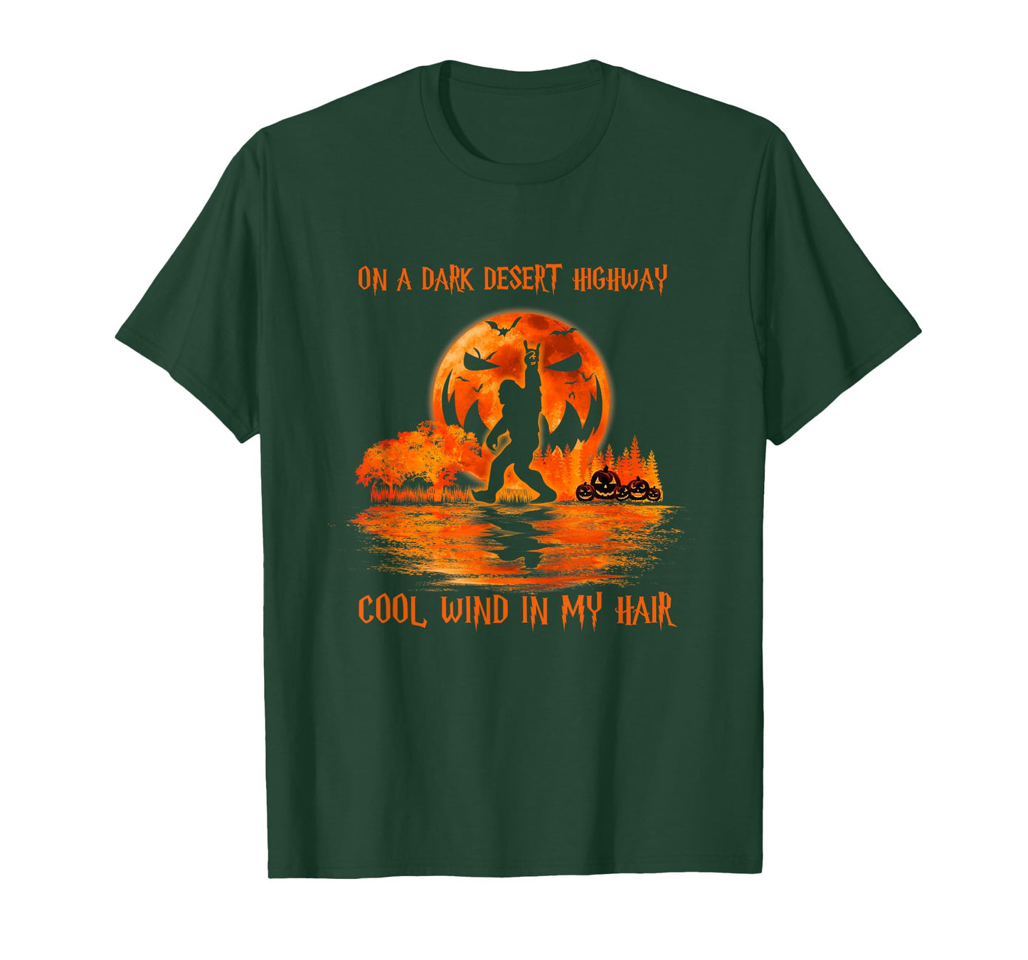 Bigfoot Middle Finger On A Dark Desert Highways Halloween T-Shirt