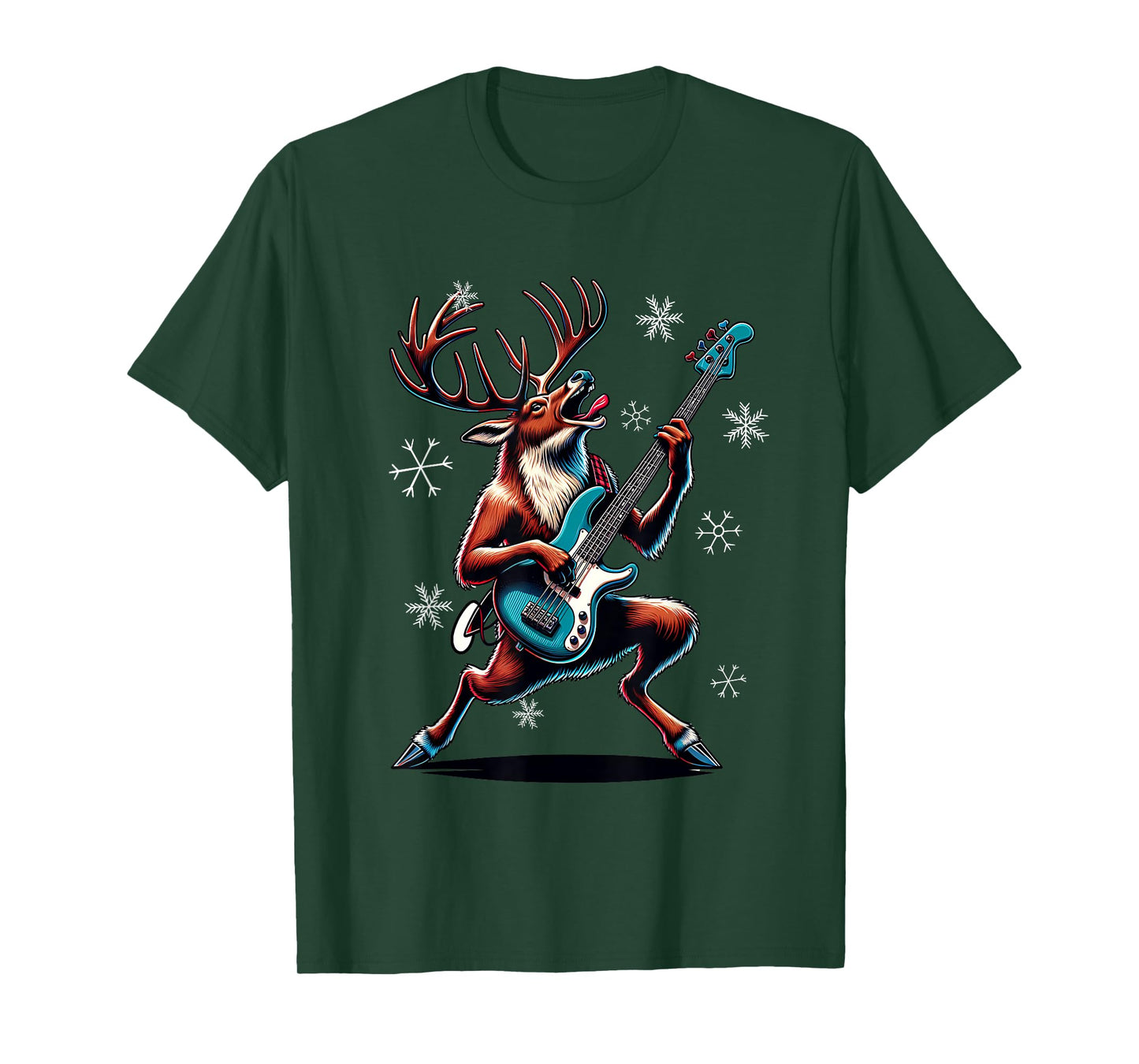 Rock & Roll Reindeer Bass-Guitar Bassist Christmas T-Shirt