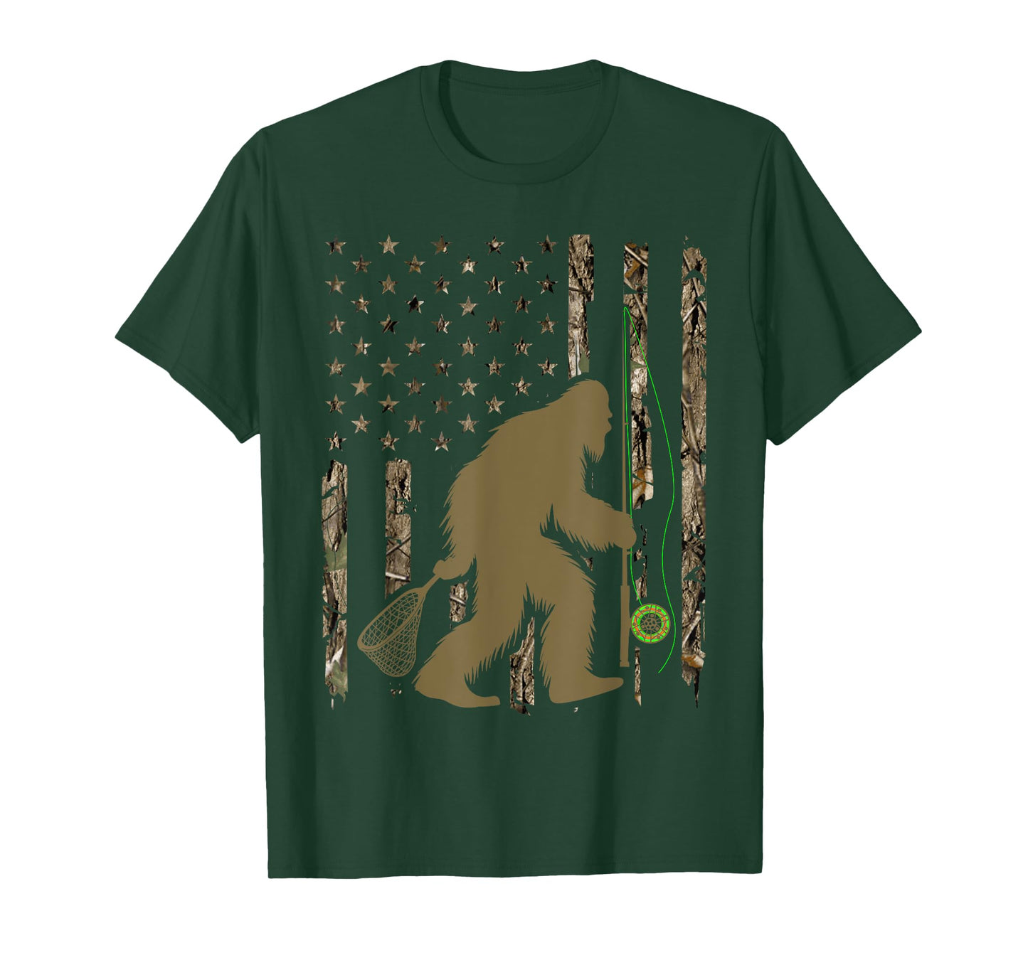 Bigfoot Fly Fishing Sasquatch American Flag Tree Camouflage T-Shirt for Women Men