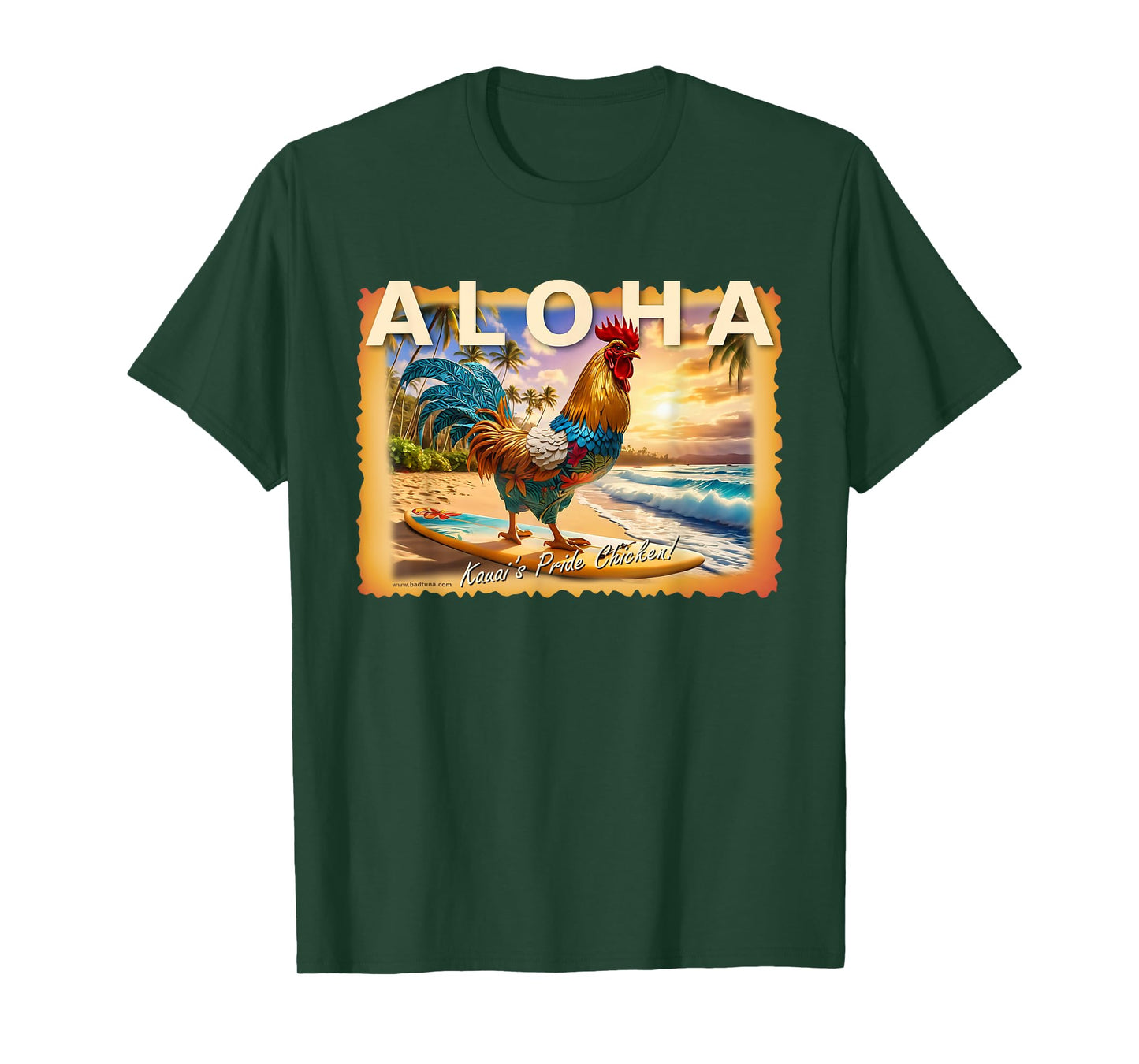 Bad Tuna Kauai's Pride Chicken with Aloha T-Shirt - Unisex Adults - Black - Small - Short Sleeve - Cotton Blend - Hawaiian T-Shirt - Unique Hawaiian Design