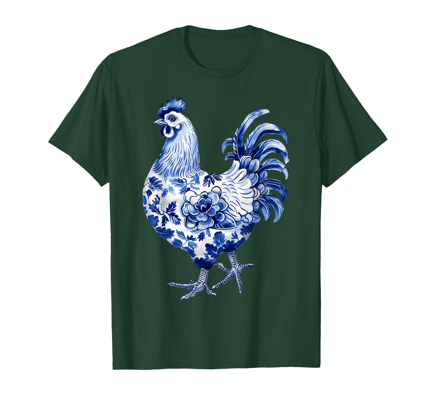 Floral Blue Chinoiserie Chicken Flowers Art Graphic Farm T-Shirt