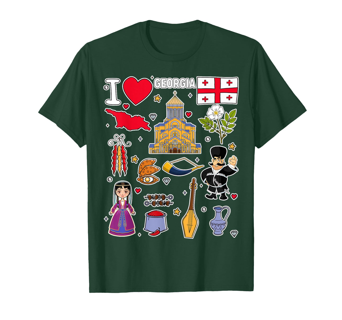 Georgian hand drawn symbols, Georgia map, cultural icons T-Shirt