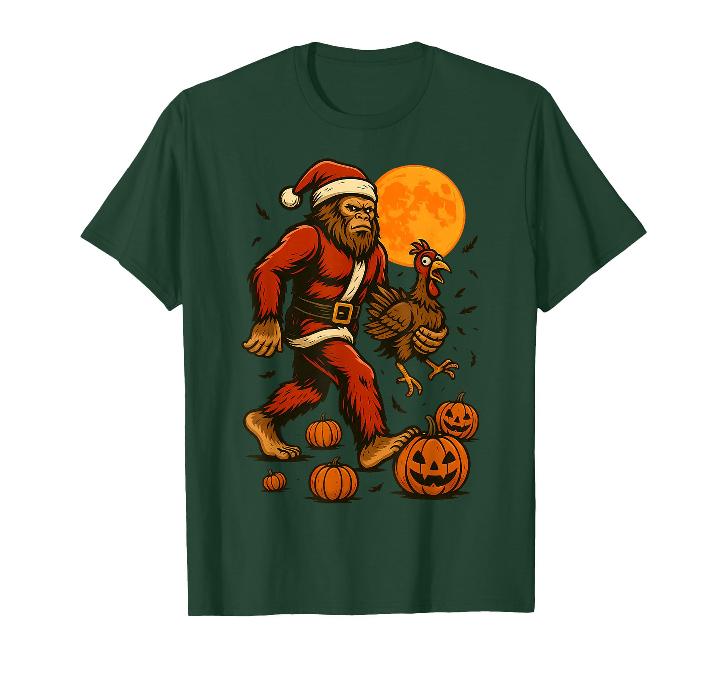 Funny Bigfoot in a Santa Suit Carrying a Turkey Halloween T-Shirt