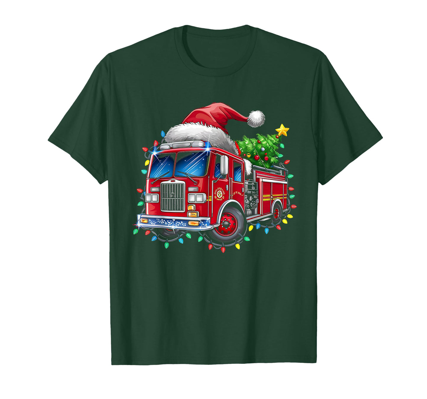 Funny Firetruck Santa Christmas Tree Lights Toddler Kids T-Shirt