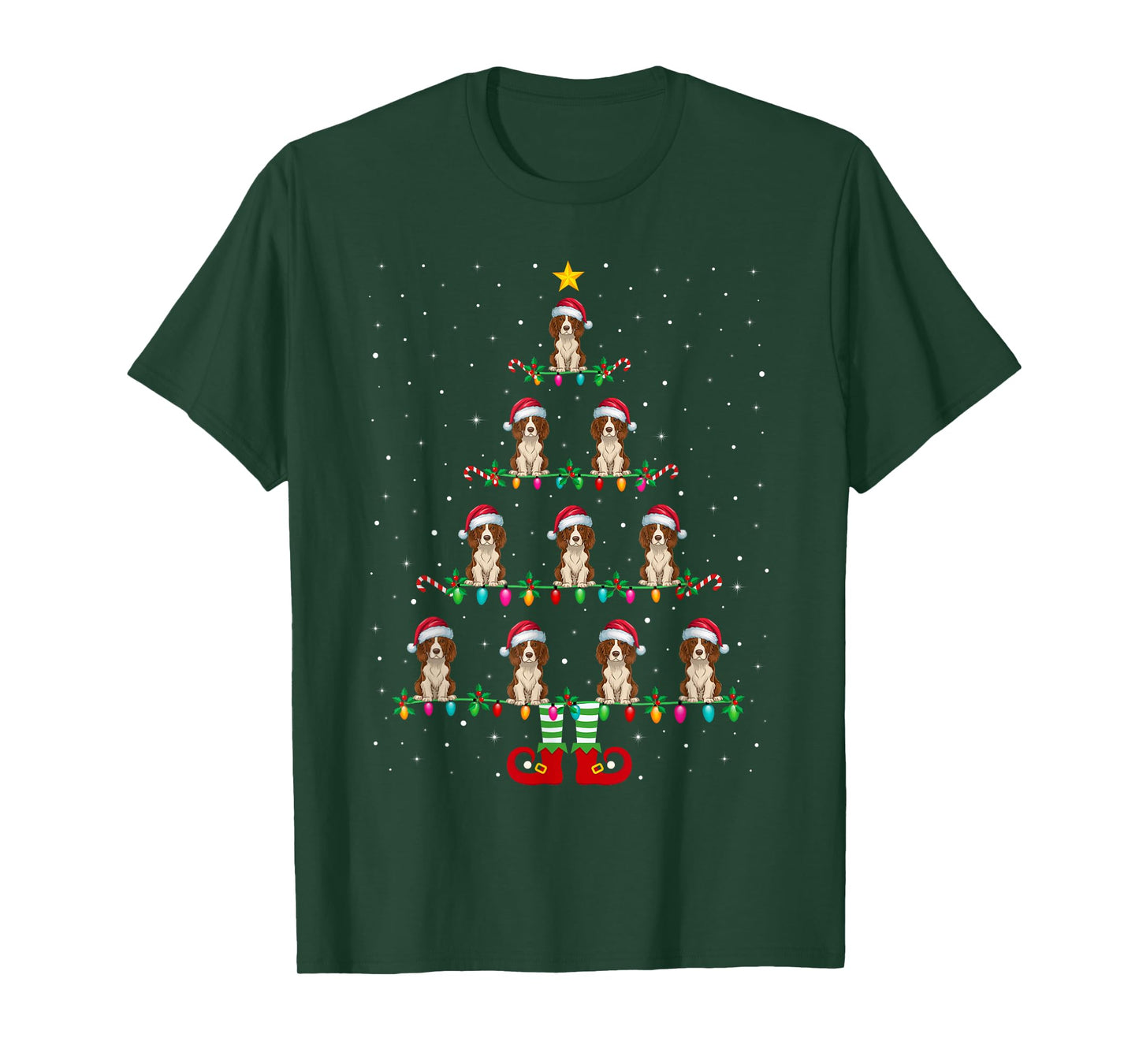 Christmas Tree Lights Santa Hat ELF Brittany Spaniel Dog Men Women Kids T-Shirt